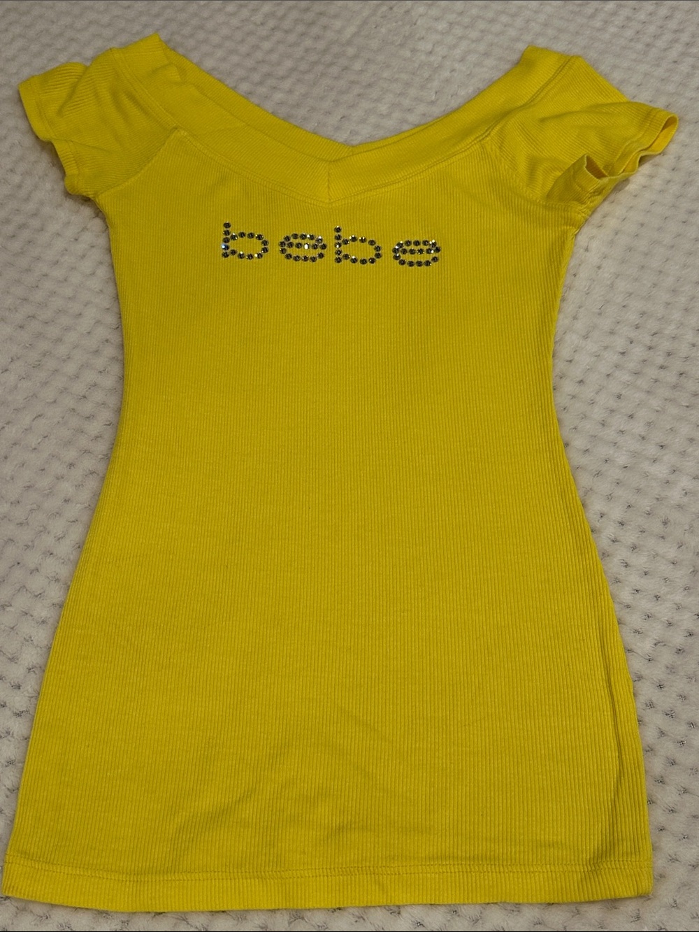bebe Bright Yellow Rhinestone Logo Ribbed Top